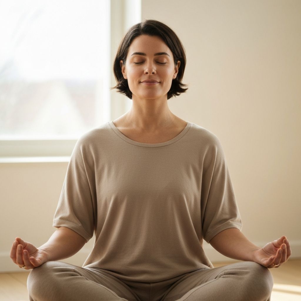 Person in peaceful meditation pose with calm expression